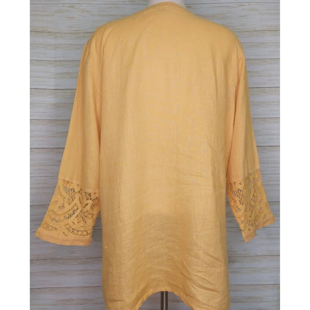 Chico's Women's Top Yellow Linen Lace Front Long Sleeve Tunic Shirt Blouse XL - Picture 3 of 14